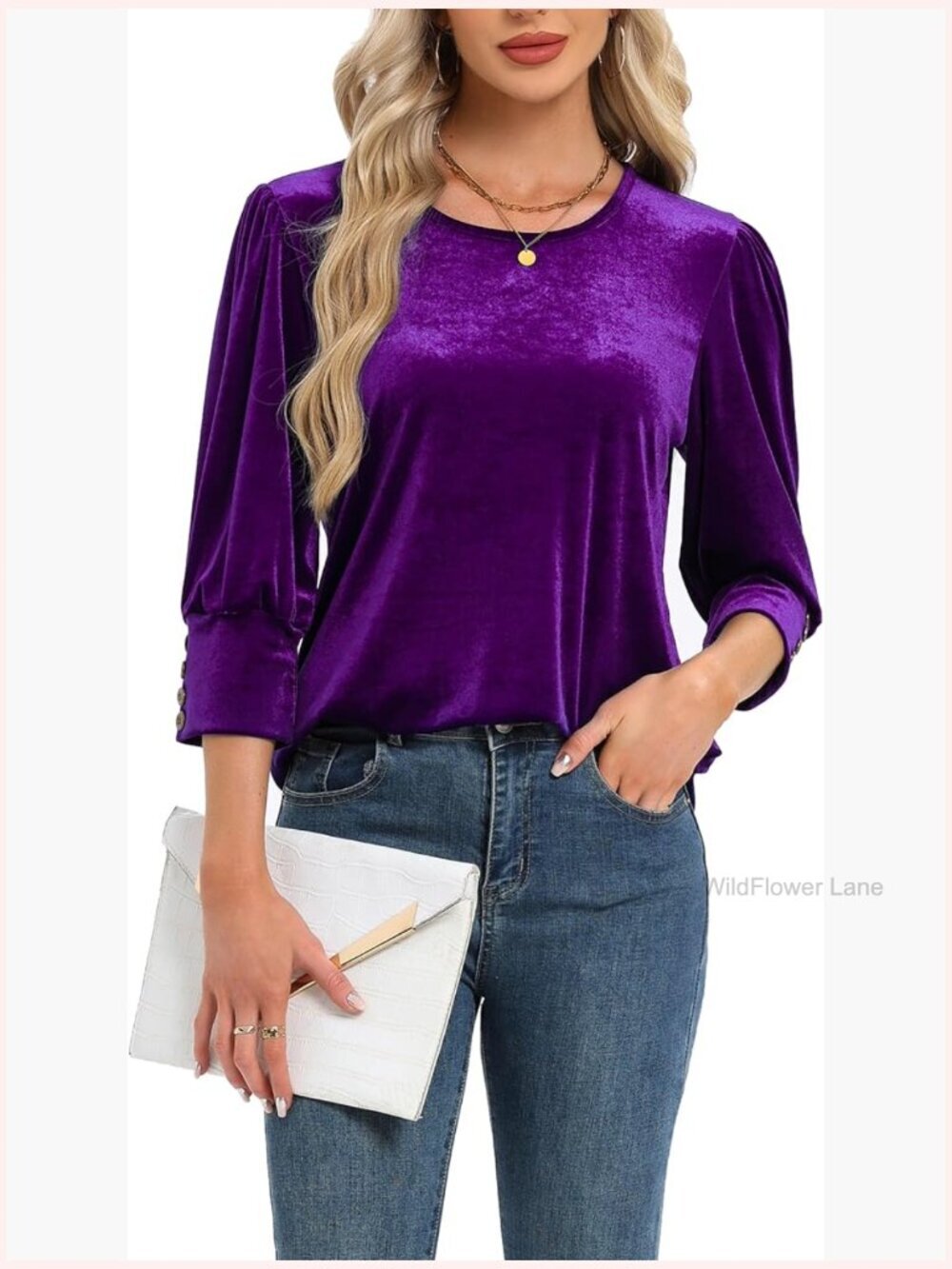 Womens Velvet Tops Trendy Dressy Casual 3/4 Sleeve Round Neck Elegant Blouses